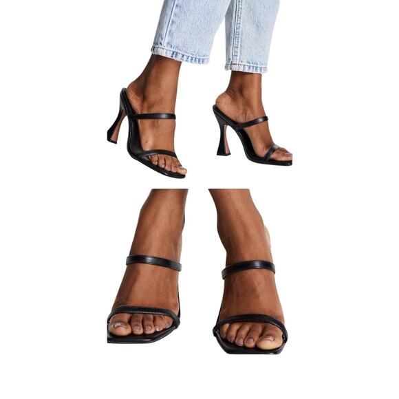 ASOS Sandals SZ 7 Black Leather Slide Square Toe High Square Heels - Picture 11 of 14